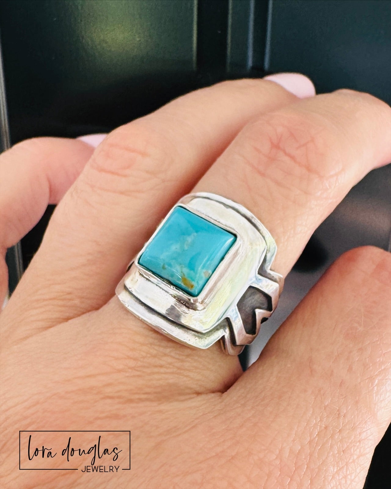 handcrafted turquoise ring featuring genuine Kingsman Turquoise from Arizona, square 10mm cabochon bezel set in solid sterling silver saddle ring design, one of a kind artisan jewelry in size 8