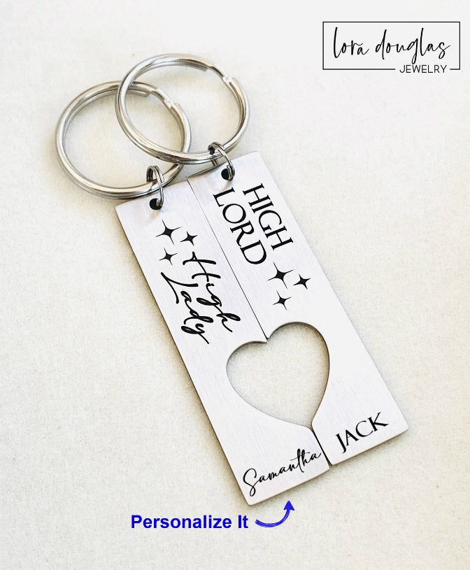 Silver Stainless Steel Keychain set with heart cutouts and High Lord High Lady Engraved and optional personalization 