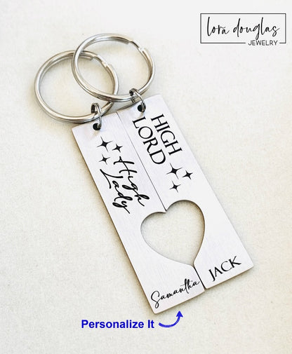 Silver Stainless Steel Keychain set with heart cutouts and High Lord High Lady Engraved and optional personalization 