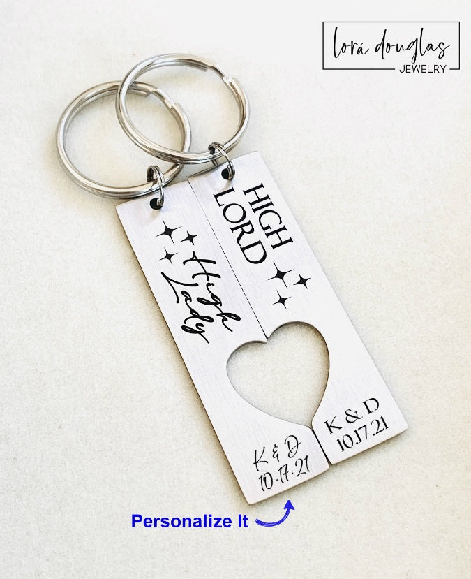 Silver Stainless Steel Keychain set with heart cutouts and High Lord High Lady Engraved and optional personalization 