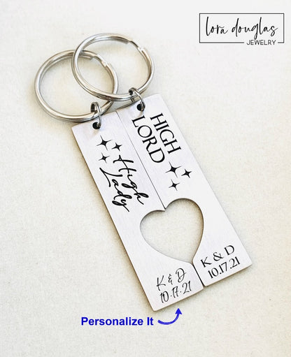 Silver Stainless Steel Keychain set with heart cutouts and High Lord High Lady Engraved and optional personalization 