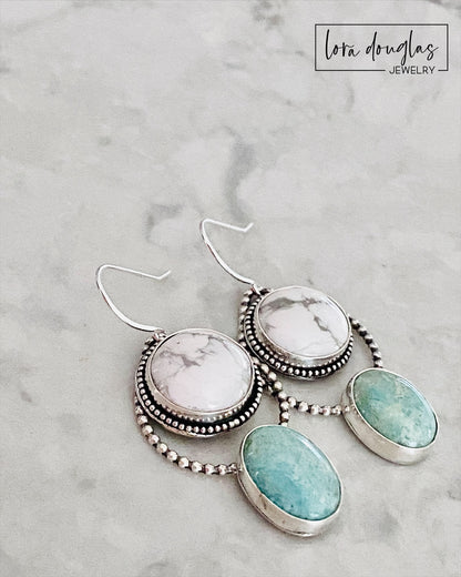 howlite earrings, amazonite earrings, sterling silver earrings, gemstone dangle earrings, natural stone earrings, blue stone earrings, gift for her, artisan earrings, statement dangle earrings, handmade earrings, boho gemstone earrings, long silver earrings, unique stone earrings