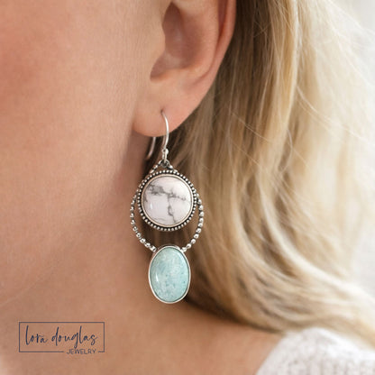 howlite and amazonite sterling silver dangle earrings worn on ear green and white natural stone earrings
