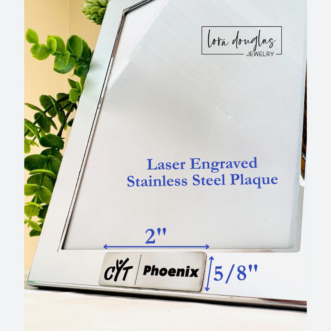 laser engraved stainless steel plaque on silver picture frame 