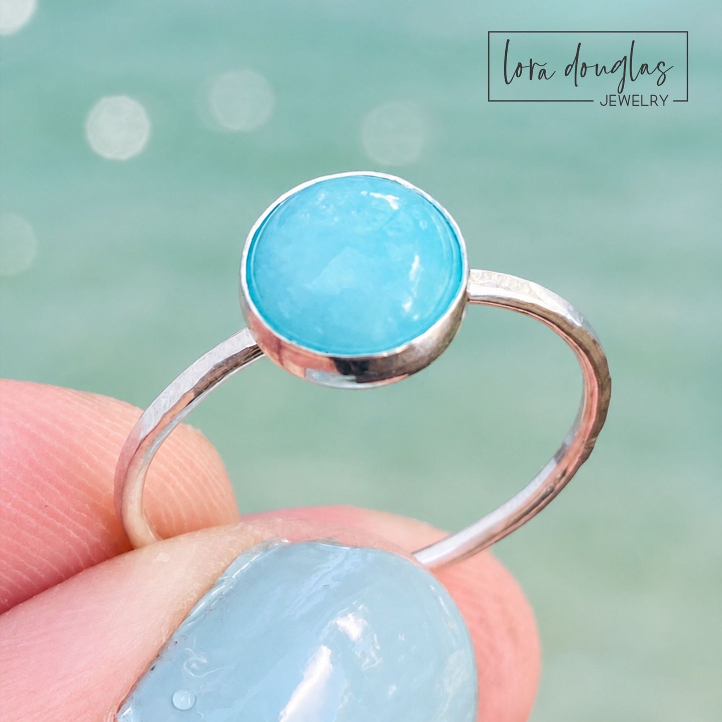 one of a kind Amazonite sterling silver ring featuring a genuine 8mm blue green gemstone in a handcrafted bezel setting, artisan solitaire ring made from solid .925 sterling silver in size 8.5