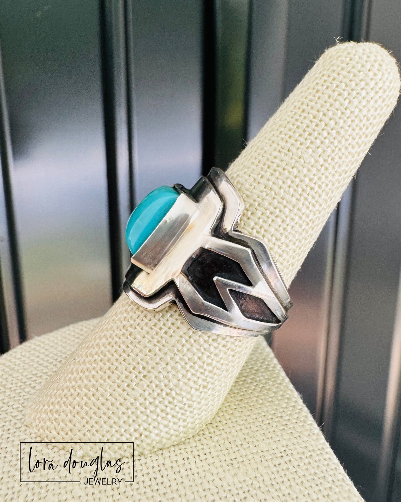 one of a kind sterling silver saddle ring with genuine Kingsman Turquoise gemstone, handcrafted layered silver design featuring a 10mm square natural blue stabilized turquoise cabochon in size 8