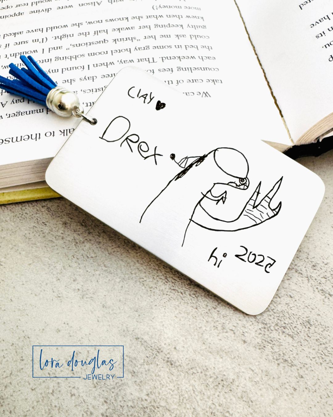 personalized drawing bookmark engraved with child artwork on stainless steel bookmark, custom handwriting bookmark with permanent laser engraving and colorful tassel option