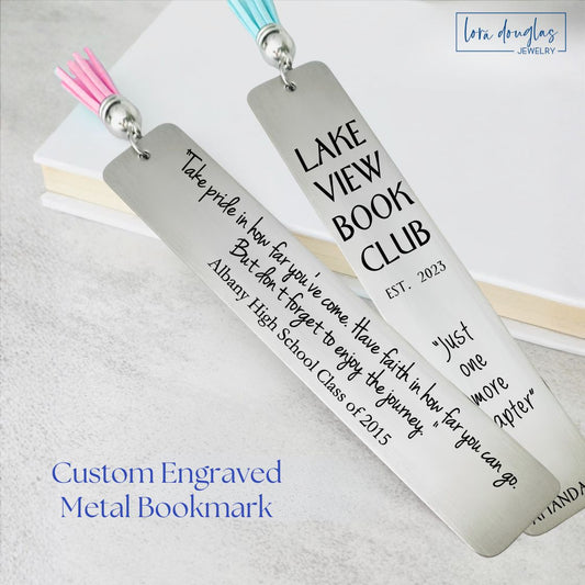 personalized engraved metal bookmark crafted from stainless steel with custom text and colorful tassel, durable laser engraved bookmark gift for teachers, readers, book lovers, and meaningful special occasion gifts