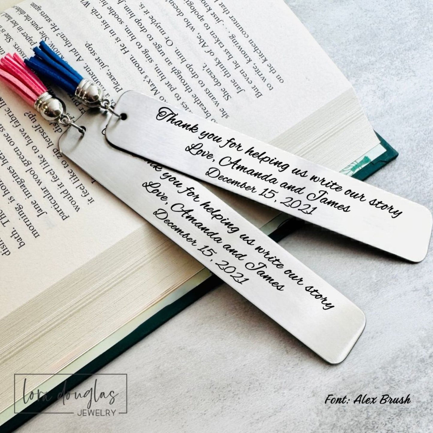 personalized laser engraved bookmark crafted from stainless steel and customized with meaningful text, elegant reader gift with tassel designed for teachers, graduates, book clubs, and lifelong readers