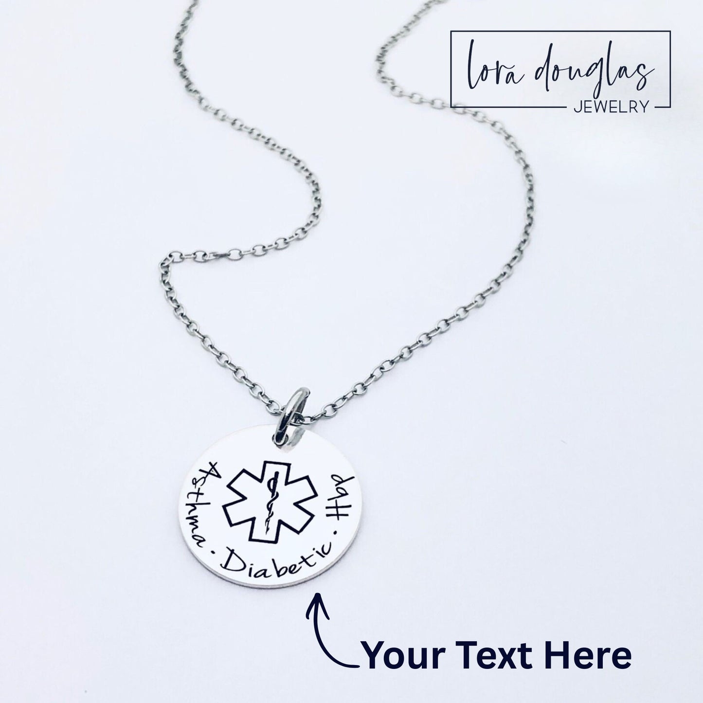personalized medical alert necklace with custom engraved medical ID pendant in stainless steel featuring medical symbol and personalized text, minimalist round disc necklace designed for everyday wear and emergency identification jewelry
