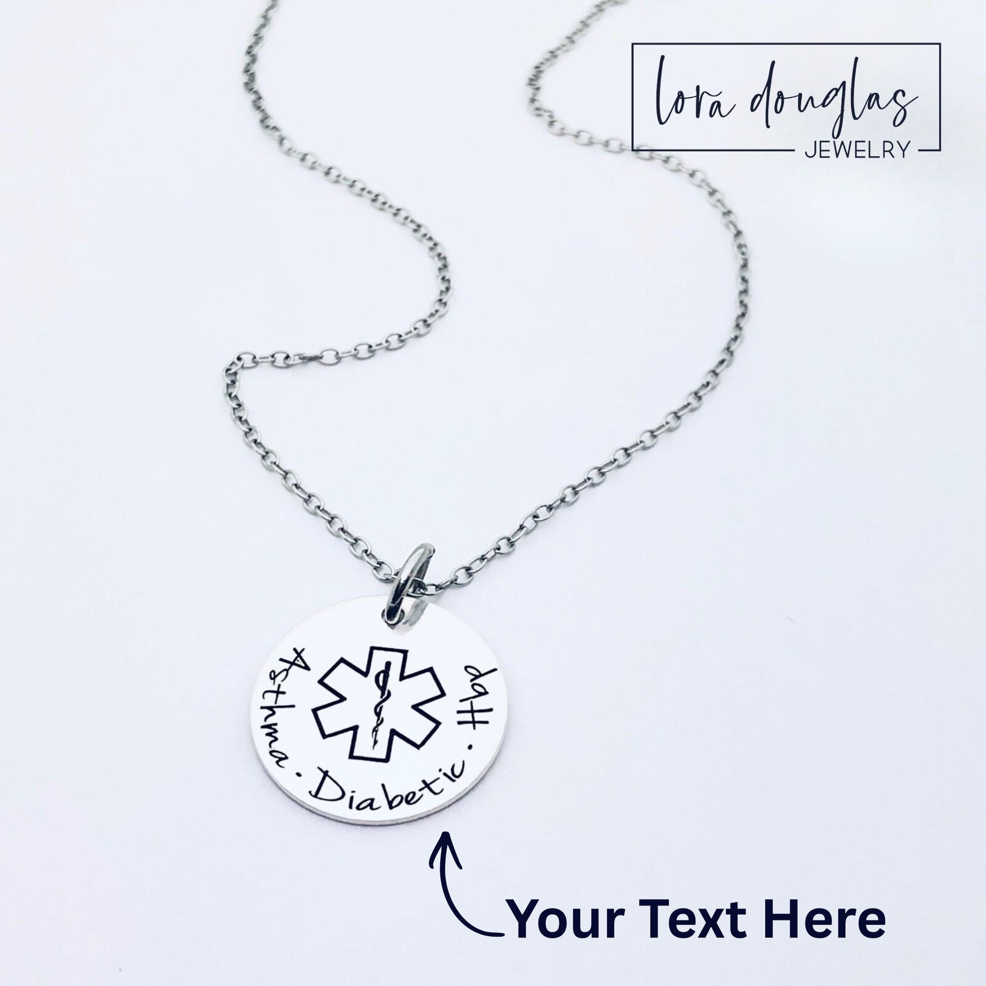 personalized medical alert necklace with custom engraved medical ID pendant in stainless steel featuring medical symbol and personalized text, minimalist round disc necklace designed for everyday wear and emergency identification jewelry