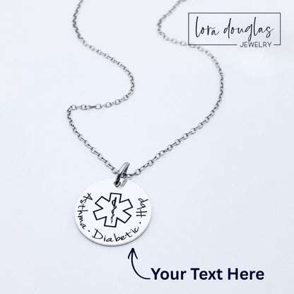 personalized medical alert necklace with custom engraved medical ID pendant in stainless steel featuring medical symbol and personalized text, minimalist round disc necklace designed for everyday wear and emergency identification jewelry