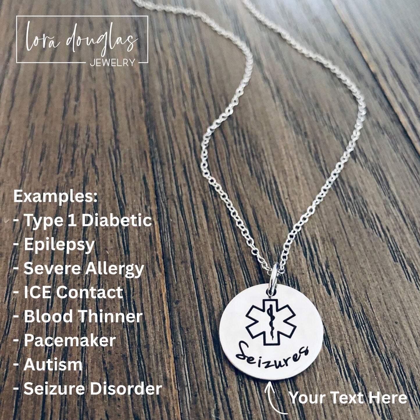 personalized medical alert necklace with engraved emergency medical information displayed on round stainless steel pendant, custom medical ID jewelry designed for everyday safety and comfortable daily wear