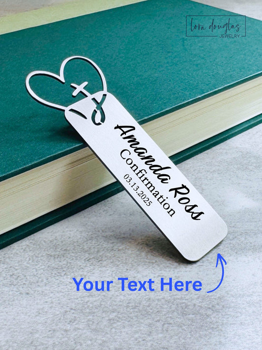 personalized metal bookmark with cross cutout custom engraving example
