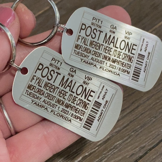 Capture your favorite concert memories with this playful dog tag style keychain, custom engraved to mimic your ticket stub from any band, concert, or event.