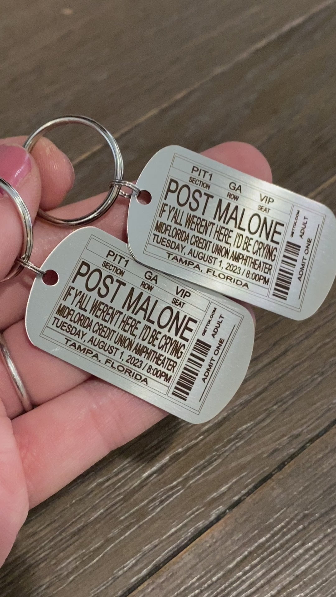 Capture your favorite concert memories with this playful dog tag style keychain, custom engraved to mimic your ticket stub from any band, concert, or event.
