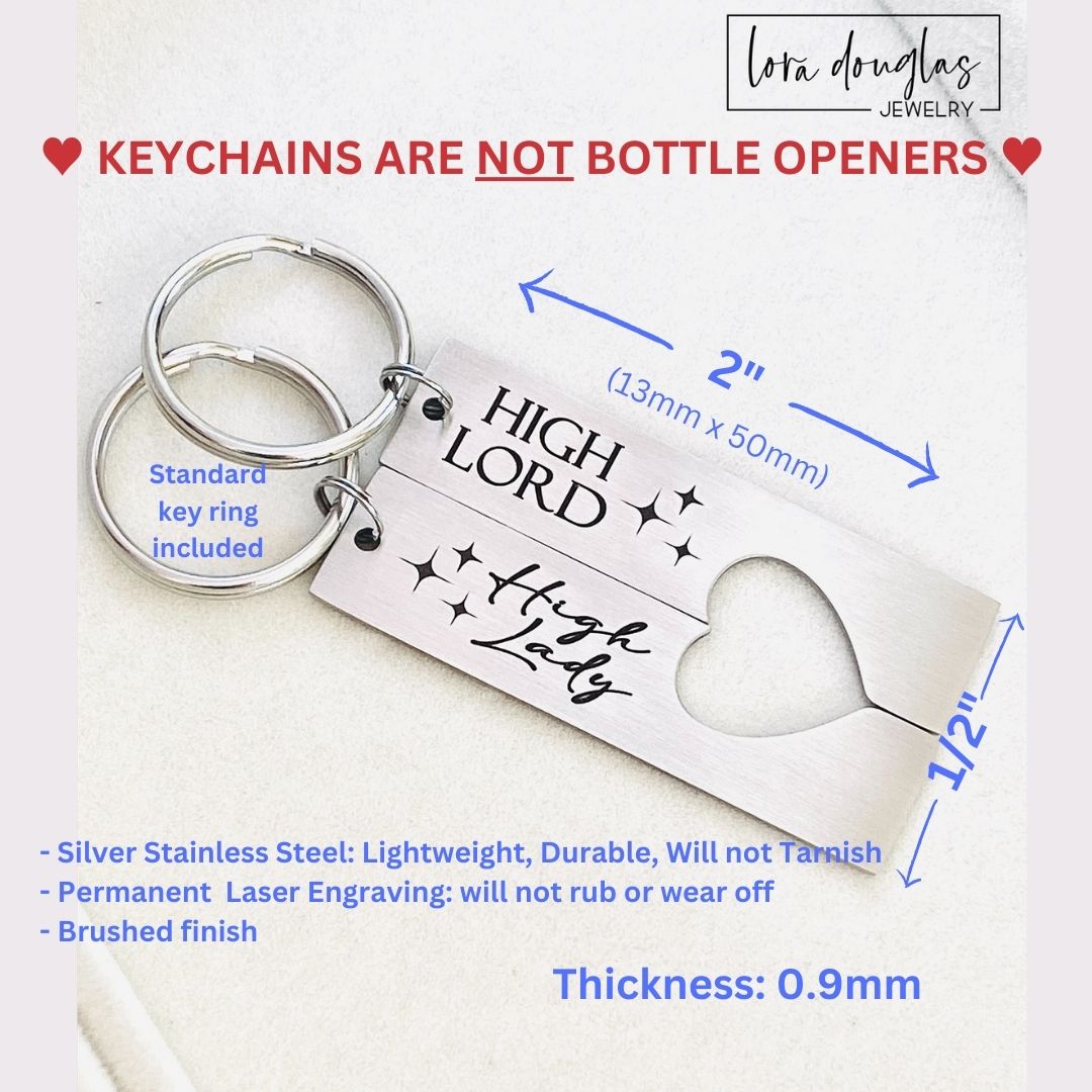 Silver Stainless Steel Keychain set with heart cutouts and High Lord High Lady Engraved and optional personalization 