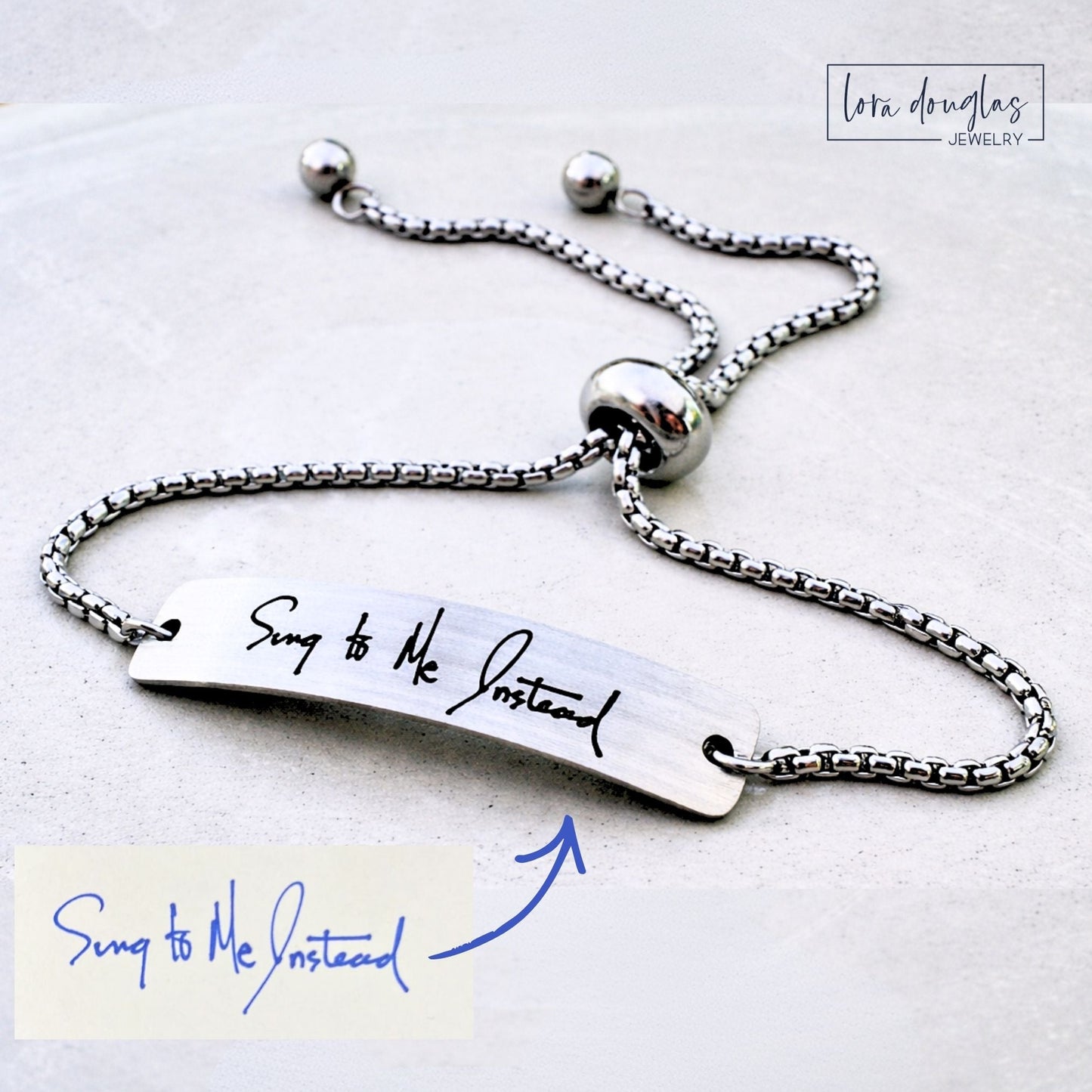 real handwriting engraved bolo bracelet in silver stainless steel featuring custom handwritten message on polished plaque, personalized handwriting jewelry designed as meaningful memorial or sentimental keepsake gift