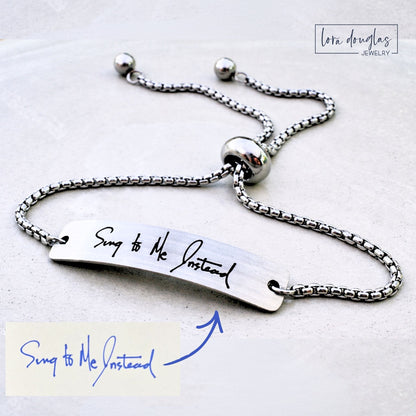 real handwriting engraved bolo bracelet in silver stainless steel featuring custom handwritten message on polished plaque, personalized handwriting jewelry designed as meaningful memorial or sentimental keepsake gift
