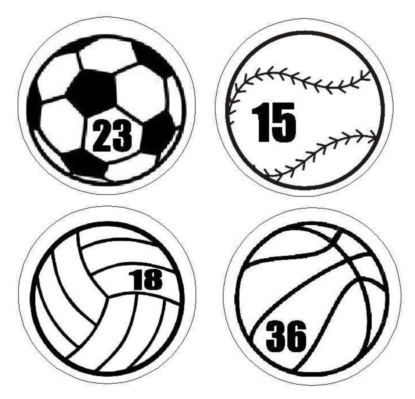 Four sports balls with numbers on a white background