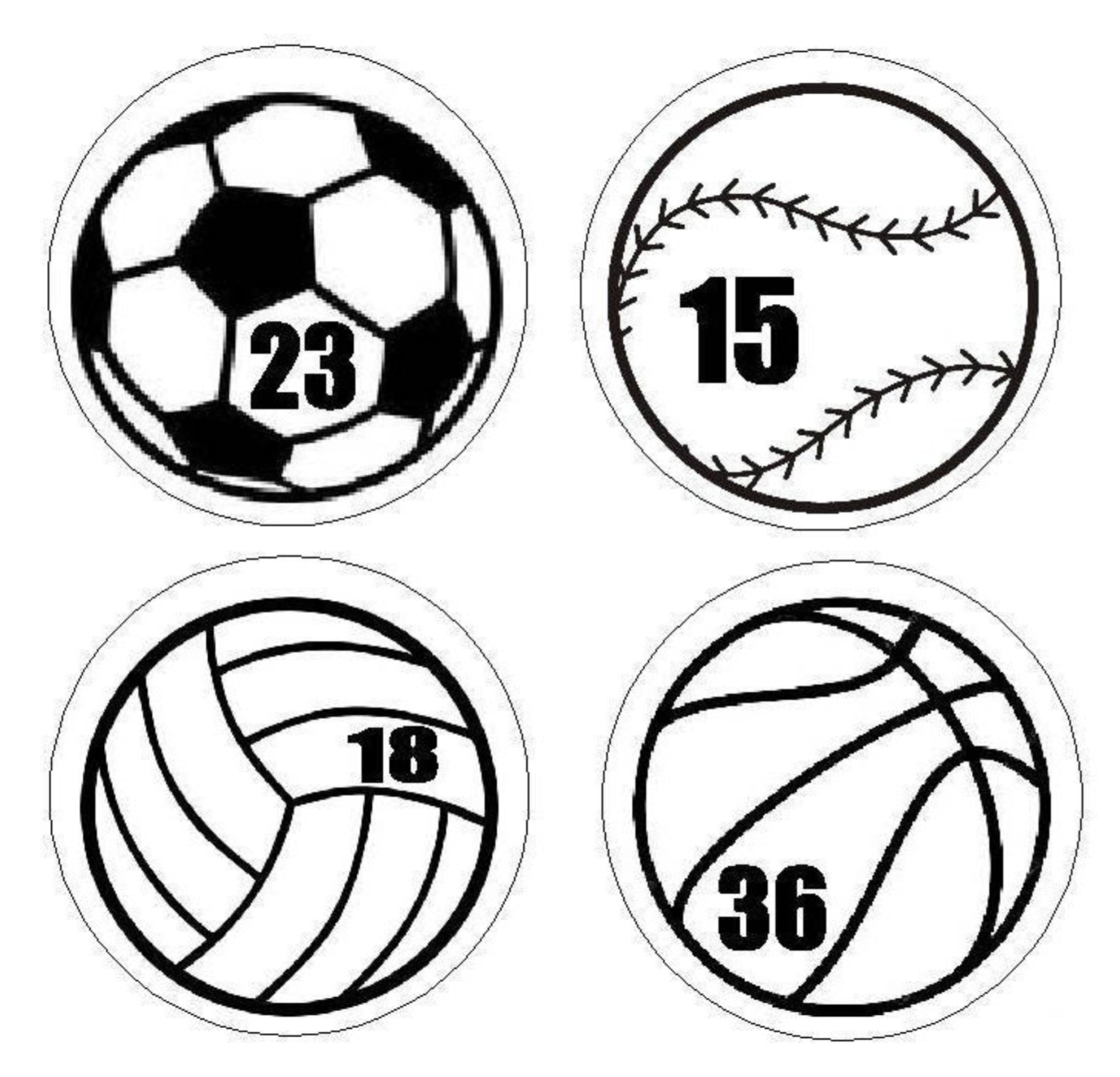 Four sports balls with numbers on a white background