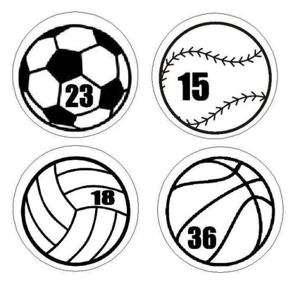 Four sports balls with numbers on a white background