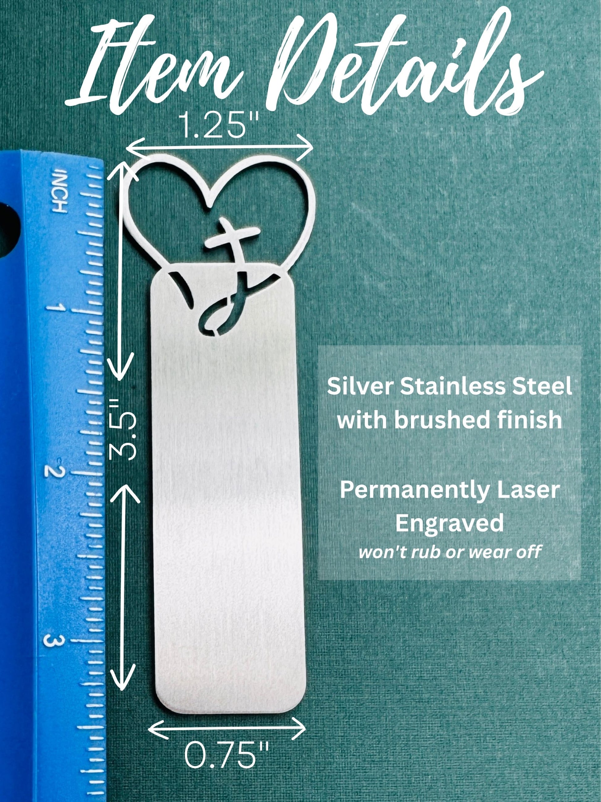 stainless steel bookmark size comparison with ruler dimensions shown