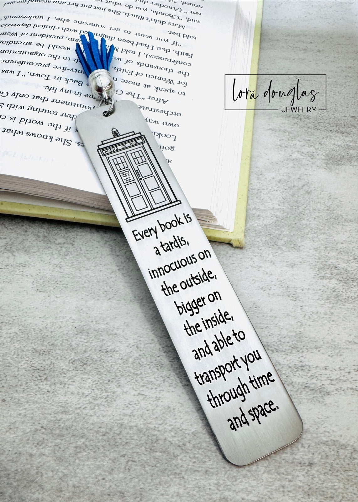 stainless steel bookmark tardis graphic gift for book club member
