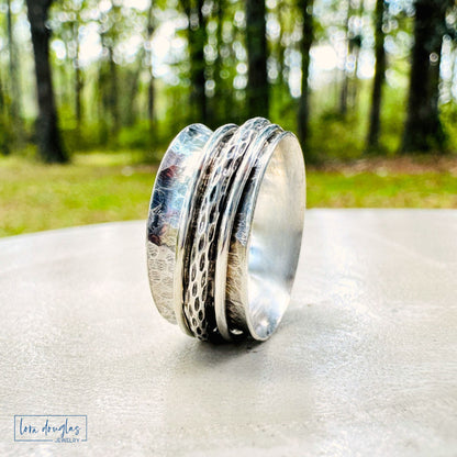 wide band anxiety ring sterling silver textured spinner ring