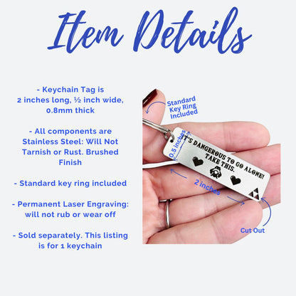 Keychain tag with engraved text held by a hand, surrounded by item details on a white background.