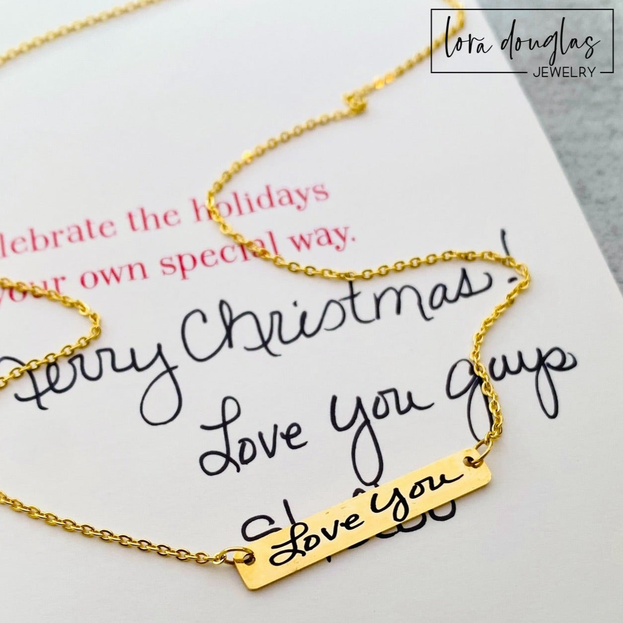 personalized handwriting necklace with short message laser engraved bar pendant