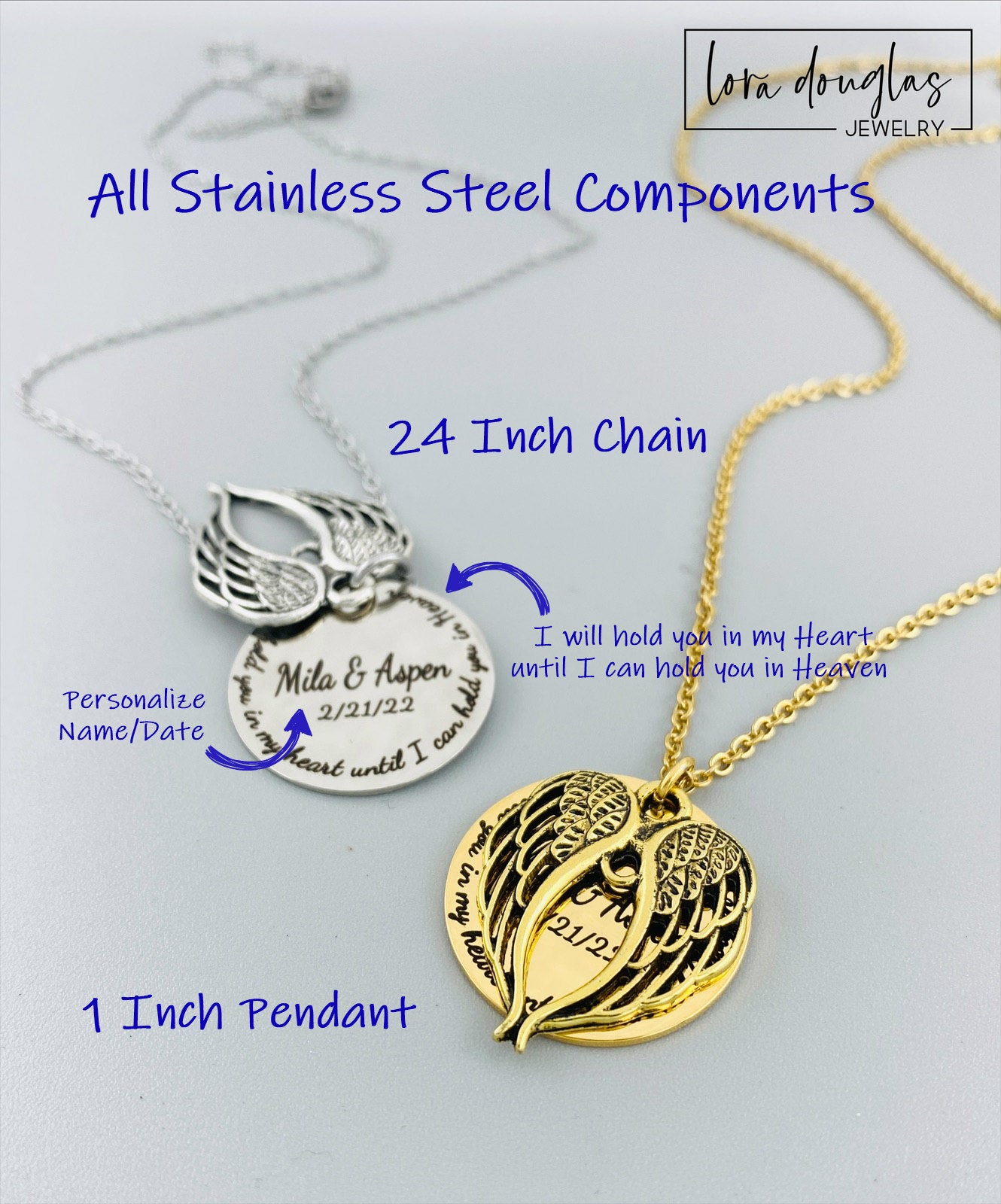 Two stainless steel memorial necklaces with swing lockets. One has a silver finish and the other has a gold tone. Angel wing charm necklace.