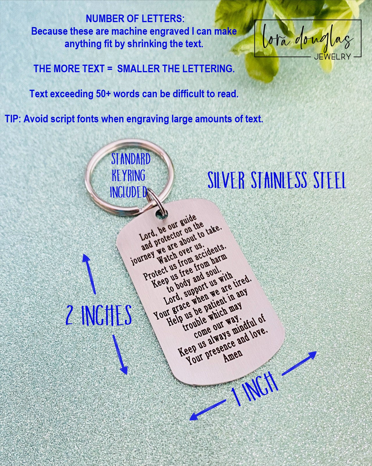 Close up of a personalized stainless steel dog tag keychain engraved with custom names, dates, or meaningful messages. Permanent laser engraving creates a lasting keepsake gift for graduations, anniversaries, and Father's Day.