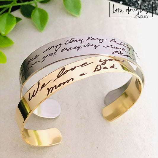 Custom bridal bracelet engraved with a handwritten love letter, wedding vows, or signature. Stainless steel cuff bracelet makes a thoughtful wedding morning gift for the bride or anniversary gift for your wife.