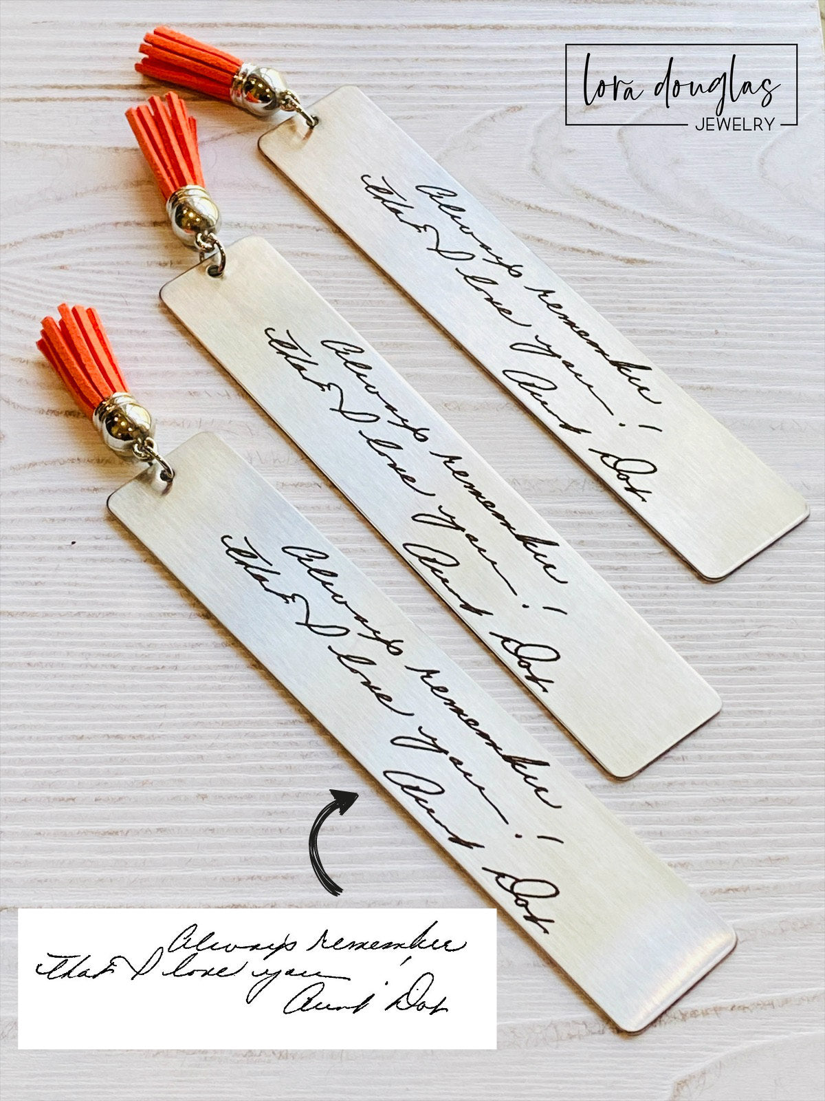 Custom engraved handwriting bookmark crafted from stainless steel and personalized with real handwriting, signatures, recipes, or wedding vows. A thoughtful keepsake gift for anniversaries, memorials, parents, grandparents, and book lovers.