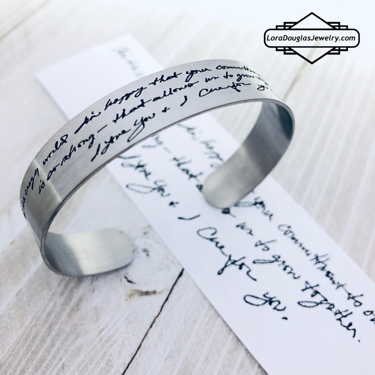Custom engraved handwriting bracelet created from a handwritten letter, greeting card, or family recipe. Stainless steel jewelry available in silver, gold, and rose gold for mothers, grandmothers, and daughters.
