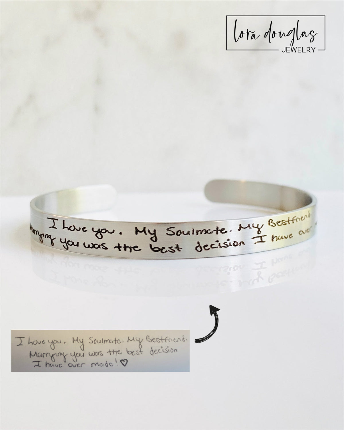 Custom engraved handwriting bracelet featuring a handwritten recipe, signature, wedding vows, or inspirational message. Stainless steel cuff available in silver, gold, and rose gold for anniversaries, graduations, and memorial gifts.