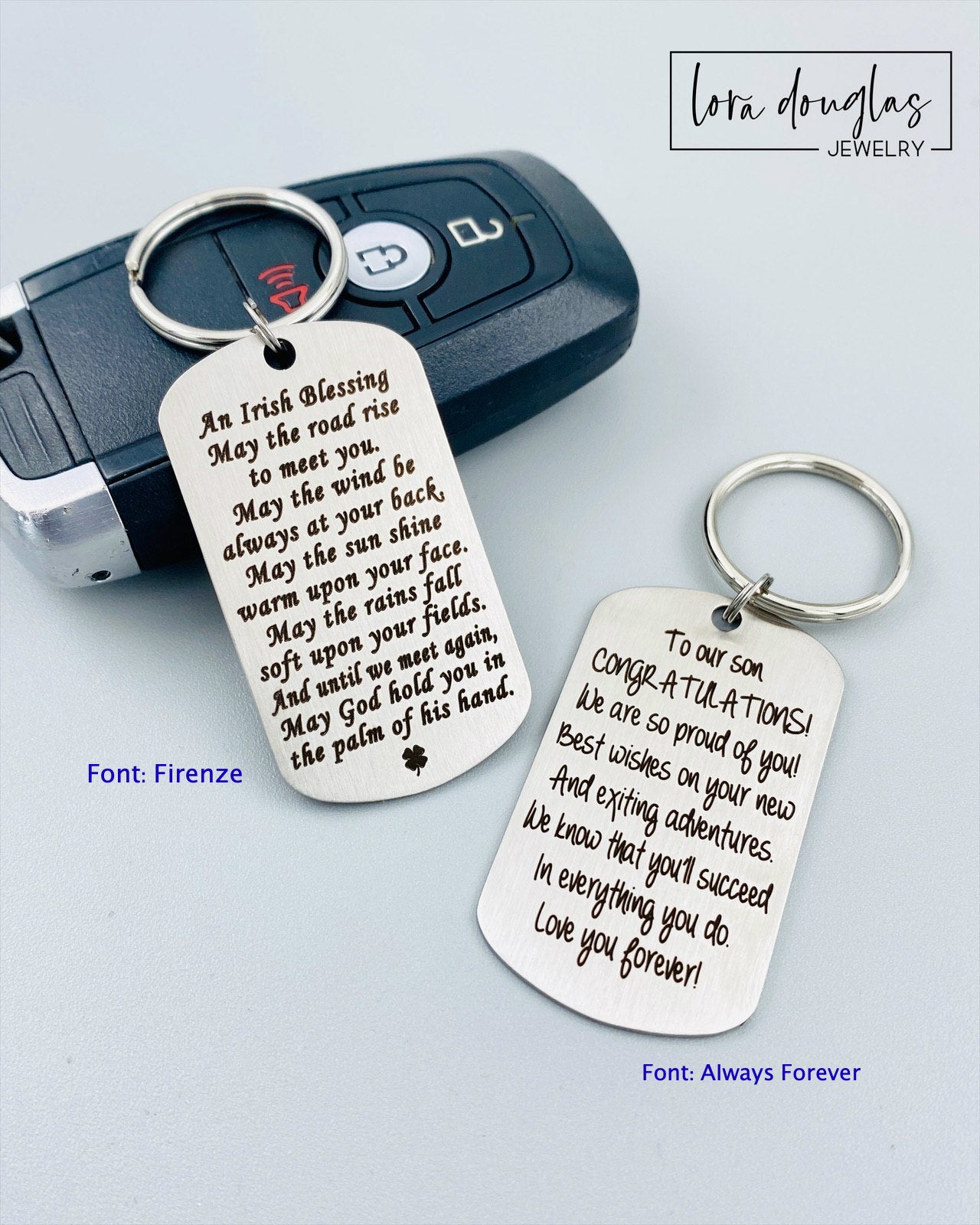 Custom engraved stainless steel keychain featuring a classic dog tag shape with personalized wording. Durable laser engraved gift perfect for new drivers, housewarming celebrations, memorial gifts, and everyday use.