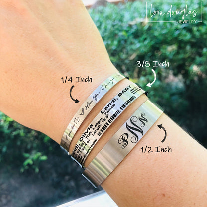Custom engraved wedding bracelet created from actual handwriting supplied by the customer. A sentimental gift for brides, wives, fiancées, or newlyweds, preserving treasured handwritten memories forever.