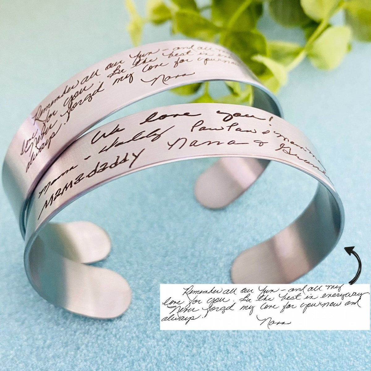 Custom handwriting cuff bracelet engraved with a real signature, handwritten note, or meaningful message. Personalized stainless steel memorial jewelry available in silver, gold, and rose gold for sympathy, anniversaries, and remembrance.