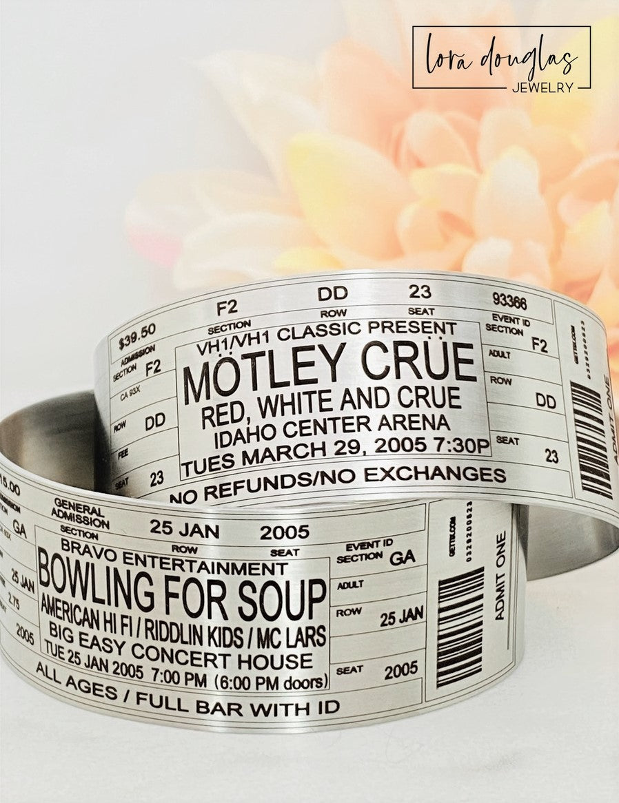 Custom music concert bracelet featuring personalized ticket details engraved across a 1 inch wide stainless steel cuff, designed for concert fans who want a wearable reminder of a meaningful live music experience.
