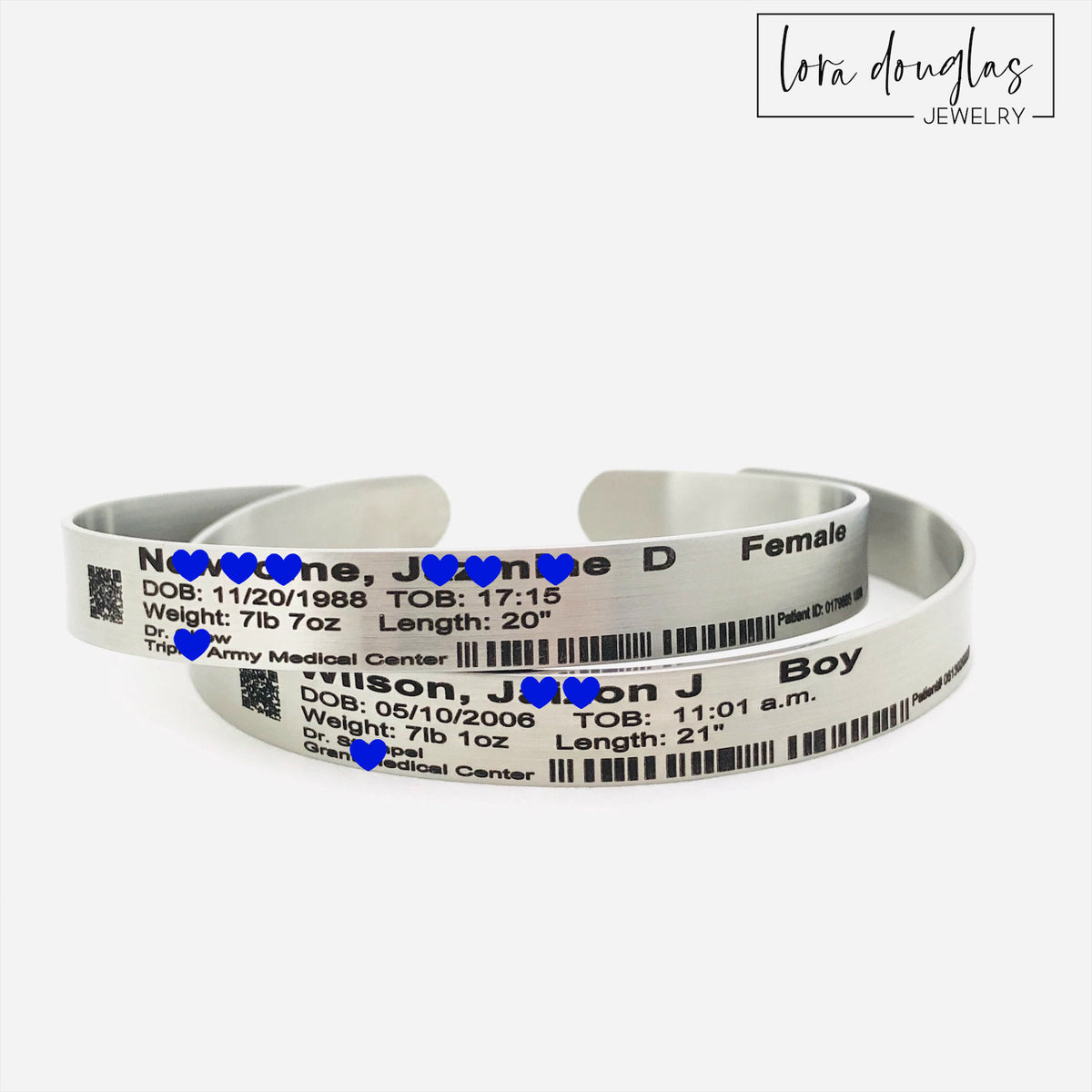 Custom newborn hospital bracelet keepsake featuring personalized birth information and decorative barcode details, permanently engraved on a stainless steel cuff as a lasting reminder of a baby's birth and hospital stay.
