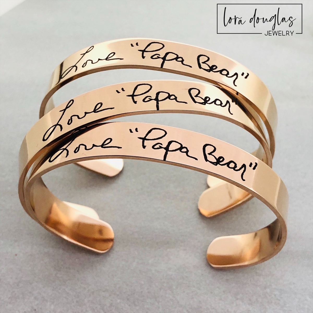 Custom remembrance bracelet engraved with authentic handwriting from a treasured note or greeting card. Memorial jewelry designed to preserve meaningful words from someone who will always be remembered.