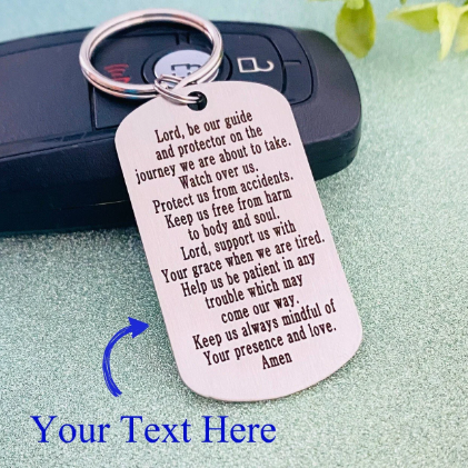 Engraved dog tag style keychain crafted from solid stainless steel with custom laser engraved text. Personalized keychain gift featuring a brushed silver finish and durable construction for everyday carry.