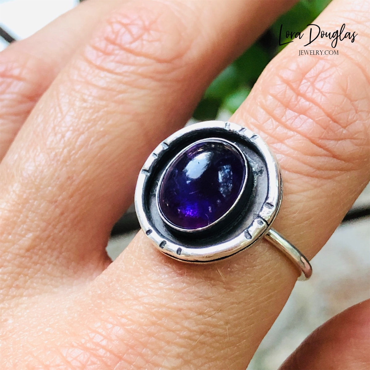 February birthstone ring featuring natural purple amethyst in a handcrafted sterling silver shadow box setting, a finished size 7.5 gemstone ring for a February birthday or meaningful birthstone jewelry gift.
