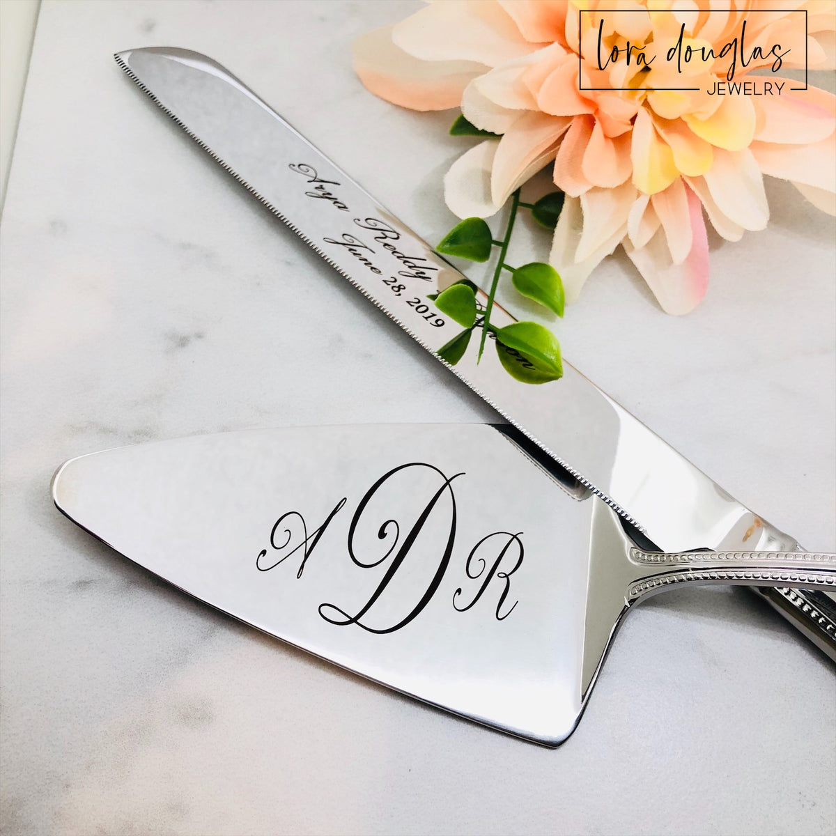Full size personalized birthday cake knife and cake server set made from 18/10 silver stainless steel, engraved as a lasting first birthday gift and future wedding keepsake for a special family tradition
