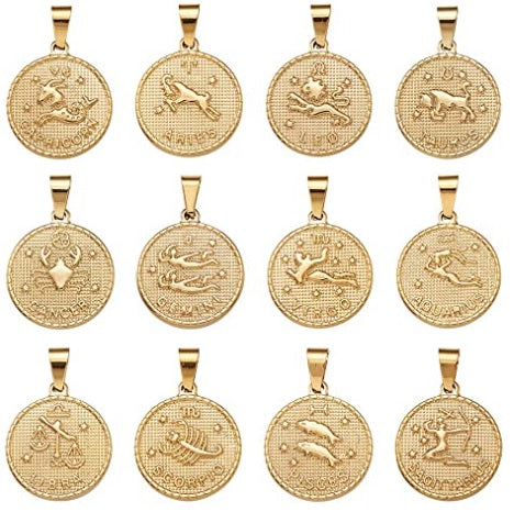 Gold Constellation Necklace with engraved zodiac pendant shown against a neutral background. Stainless steel celestial jewelry with a polished finish and comfortable 24 inch chain for daily wear.