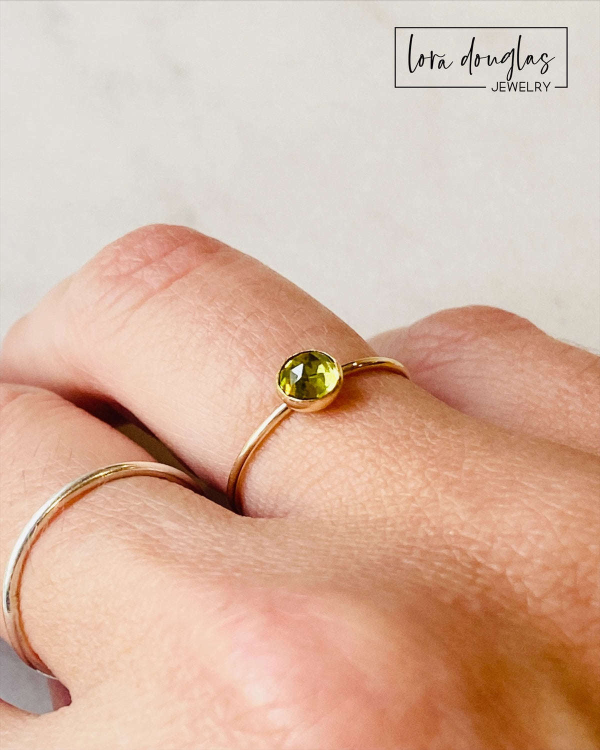 Green gemstone solitaire ring featuring natural peridot in a rose cut faceted finish with a 14/20 gold filled setting, a minimalist size 6 ring and classic August birthstone jewelry.
