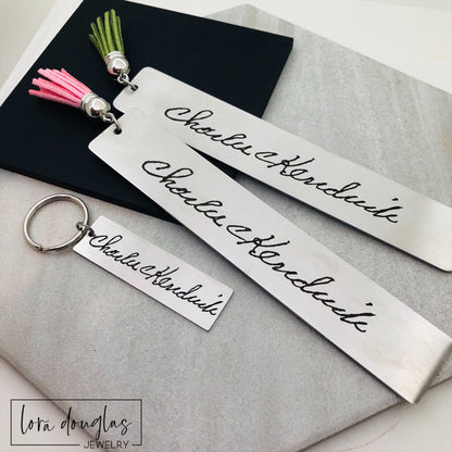 Handwriting memorial bookmark engraved from a loved one's actual handwriting on solid stainless steel. Personalized bookmark with colorful tassel creates a heartfelt sympathy gift, remembrance gift, or anniversary keepsake for readers.