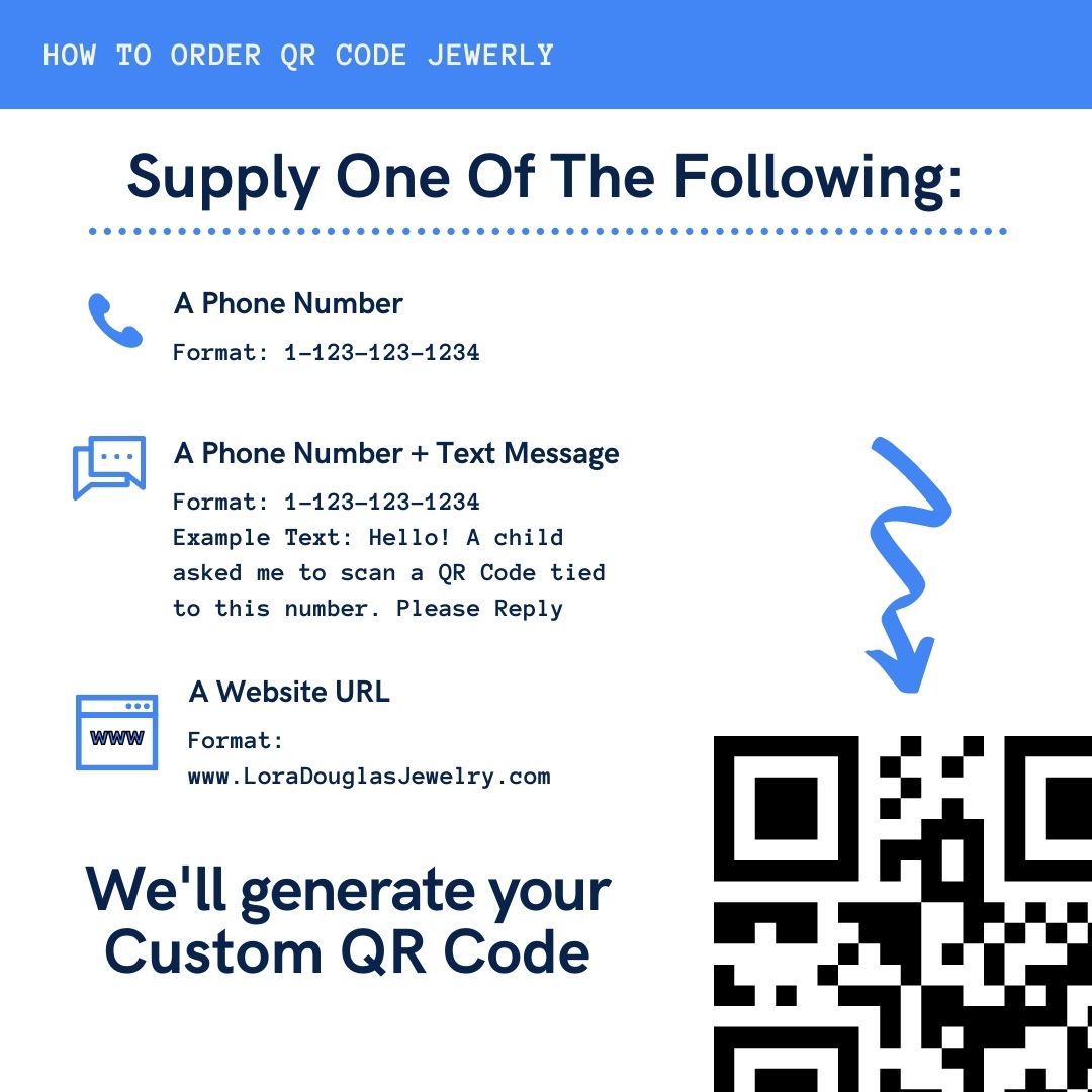 A QR code charm placed on a display stand, with a silver chain necklace that says 'Lost - will you tell my family I'm ok?' engraved on a blue disc.